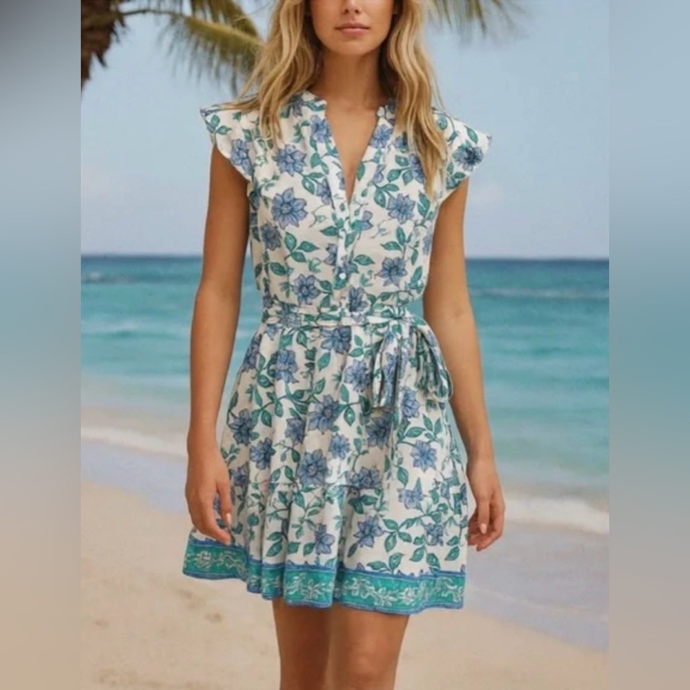 Calypso St. Barth floral print mini button down shirt dress flutter sleeve